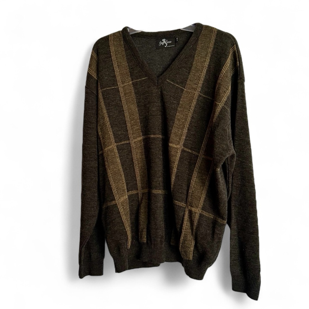 GRAN SASSO XL Mens Vintage Pullover V-Neck Sweater Brown Plaid Wool Blend Canada